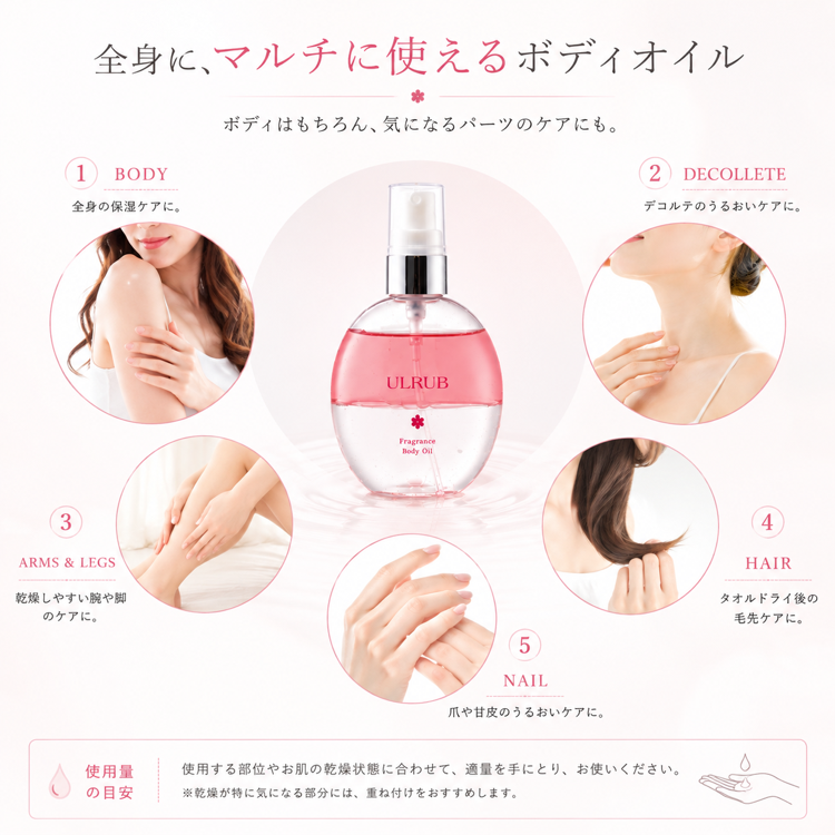 全身に、マルチに使えるボディオイル ボディはもちろん、気になるパーツのケアにも。全身の保湿ケア、デコルテのうるおいケア、乾燥しやすい腕や脚のケア、タオルドライ後の毛先ケア、爪や甘皮のうるおいケア